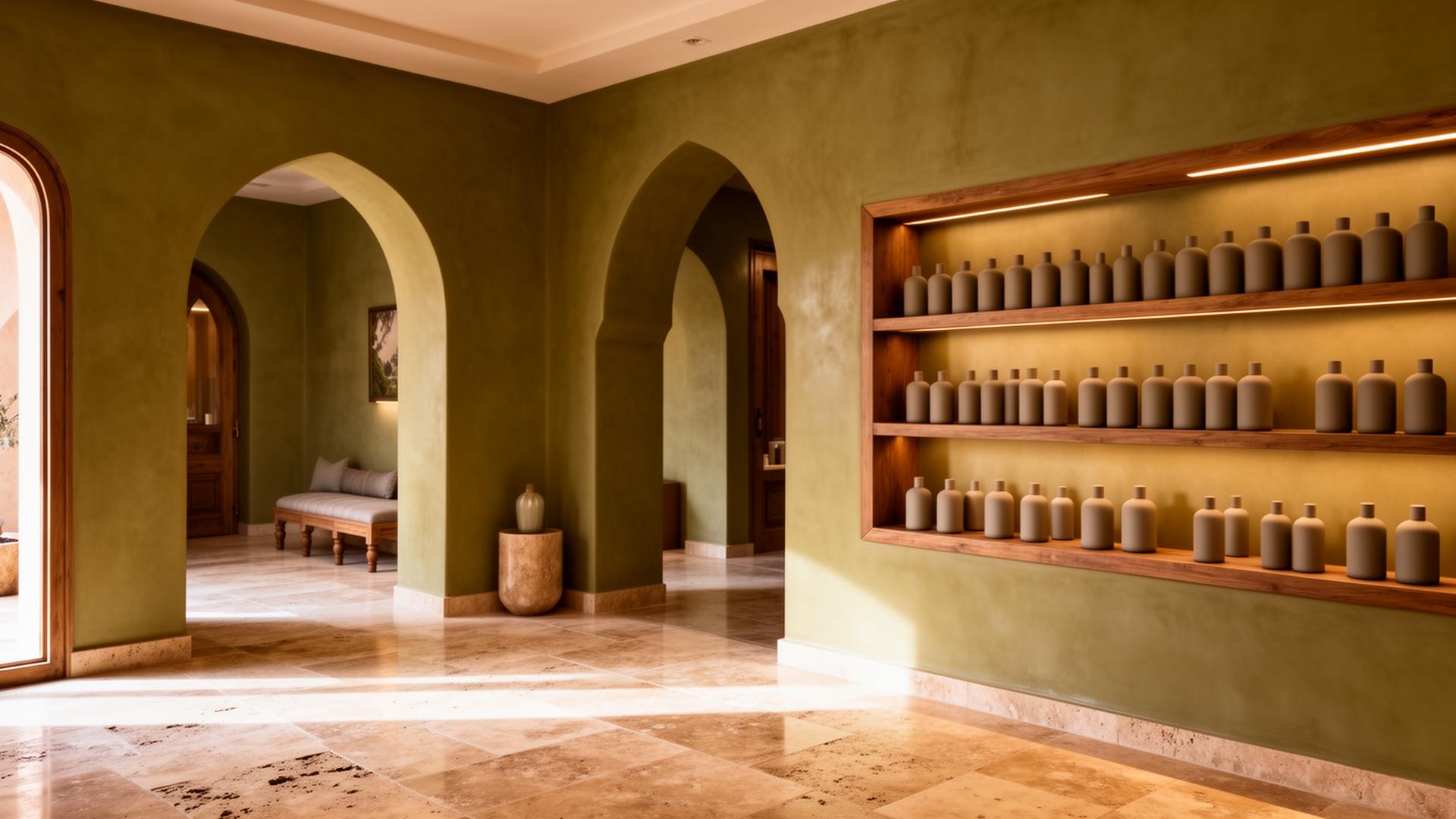 Inside the boutique. Olive plaster walls and warm stone.